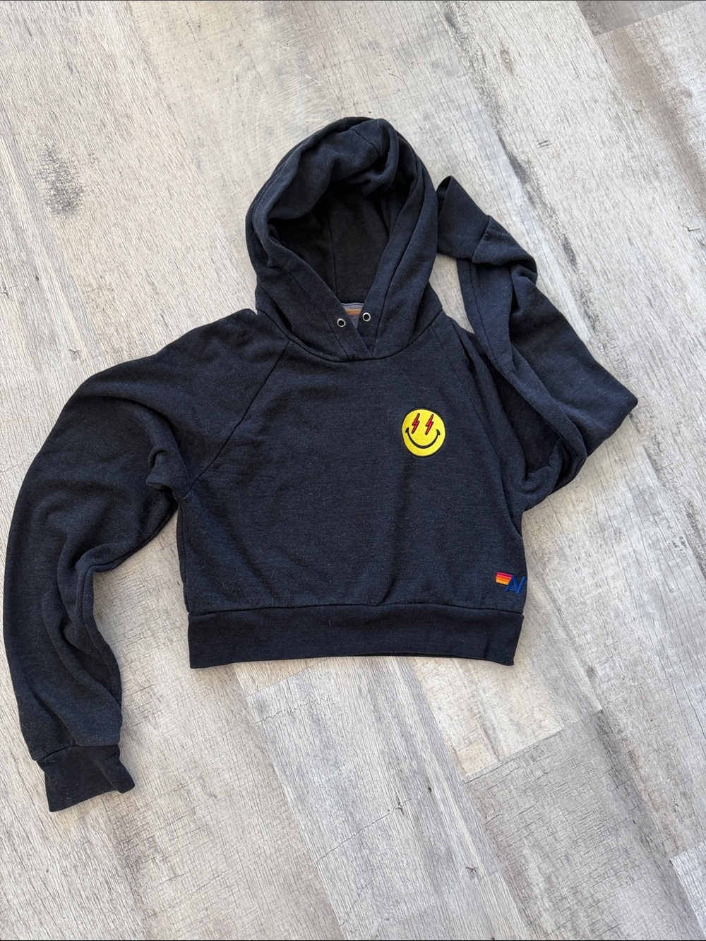 Aviator Nation Black Kids Cropped Hoodie with Yellow Smiley